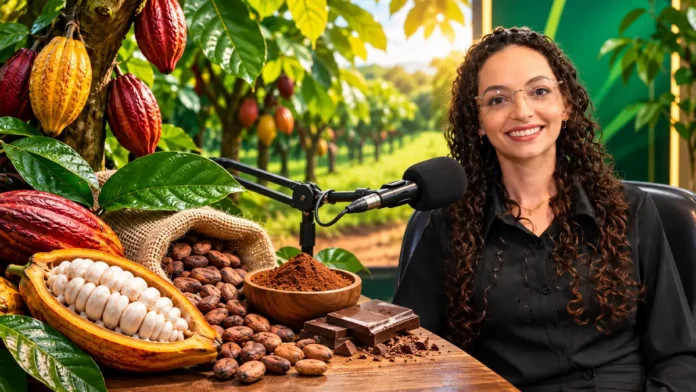 Cacau de Rondônia: imagem editorial com pesquisadora em ambiente de entrevista, microfone e frutos de cacau abertos sobre a mesa.