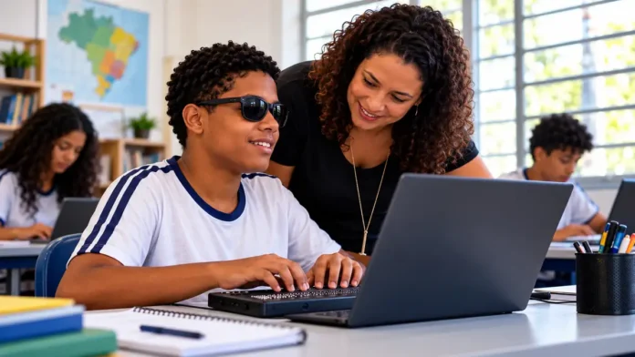 Acessibilidade em sites escolares: PL 969/2021 — capa AgoraRO Acessibilidade em sites escolares ilustrada por estudante com deficiência visual usando computador com teclado braile, acompanhado por professora.