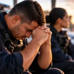 Comissão aprova reforço à saúde mental de policiais e bombeiros Saúde mental na segurança pública ilustrada por agente uniformizado em momento de reflexão, com colega ao fundo.