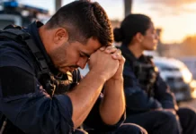 Comissão aprova reforço à saúde mental de policiais e bombeiros Saúde mental na segurança pública ilustrada por agente uniformizado em momento de reflexão, com colega ao fundo.
