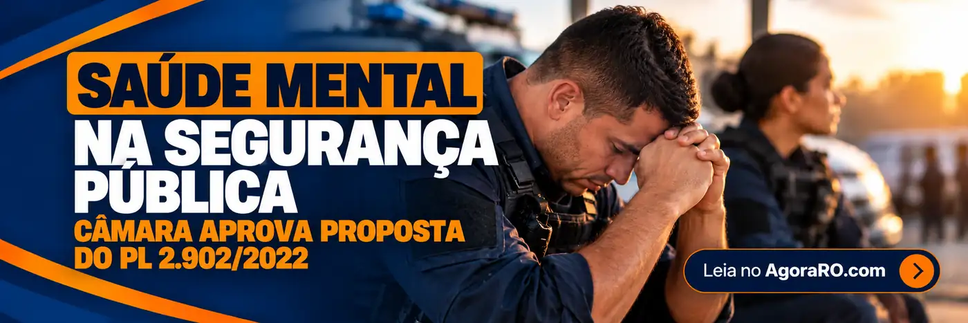 Faixa sobre saúde mental na segurança pública mostra agentes uniformizados em cena ilustrativa e chamada sobre o PL 2.902/2022.