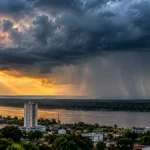 Inmet prevê chuva em Rondônia até o feriado de Finados Ilustração de nuvens de tempestade e chuva distante sobre paisagem urbana ribeirinha, representando a previsão de chuva em Rondônia no feriado de Finados.
