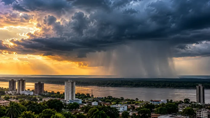 Ilustração de nuvens de tempestade e chuva distante sobre paisagem urbana ribeirinha, representando a previsão de chuva em Rondônia no feriado de Finados.