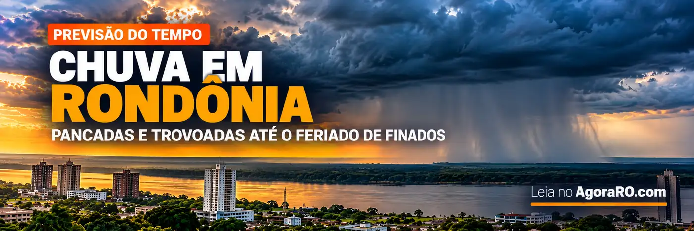 Faixa ilustrativa sobre a previsão de chuva em Rondônia, com nuvens de tempestade, chuva distante, chamada do Inmet e assinatura Leia no AgoraRO.com.