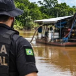 Operação Nêmesis apreende mercúrio e inutiliza dragas perto de Jirau Operação Nêmesis no Rio Madeira: ilustração de policial federal observando uma draga flutuante no rio.