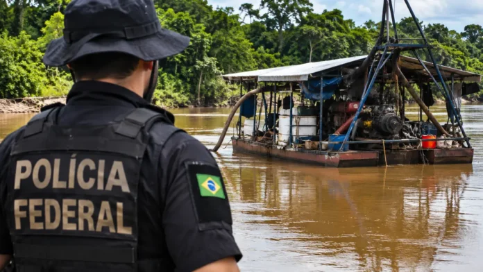 Operação Nêmesis no Rio Madeira: ilustração de policial federal observando uma draga flutuante no rio.