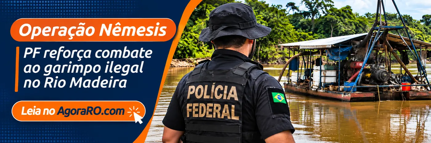 Faixa ilustrativa da Operação Nêmesis no Rio Madeira, com policial federal diante de draga em rio amazônico.