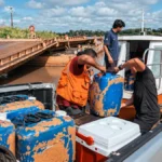 SOS Estiagem supera 245 mil litros e instala sistema em Terra Caída Composição ilustrativa de trabalhadores movimentando recipientes de água junto a barco e caminhonete em porto fluvial.