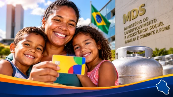 Composição ilustrativa de uma mãe com duas crianças, cartão de benefício social, botijão de gás e referência visual ao MDS.