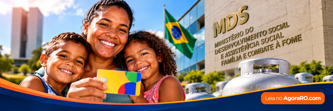 Composição ilustrativa sobre boatos de cortes no Bolsa Família, com mãe e duas crianças, cartão de benefício e botijões de gás.