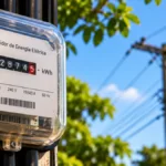 Aneel mantém bandeira verde na conta de luz em novembro Medidor de energia elétrica com rede de distribuição ao fundo, ilustrando a bandeira verde em novembro.