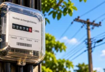 Aneel mantém bandeira verde na conta de luz em novembro Medidor de energia elétrica com rede de distribuição ao fundo, ilustrando a bandeira verde em novembro.