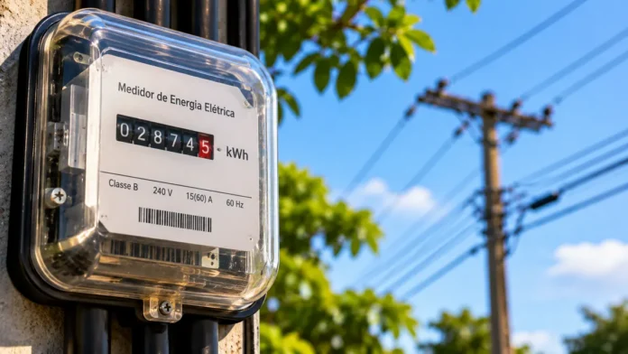 Medidor de energia elétrica com rede de distribuição ao fundo, ilustrando a bandeira verde em novembro.