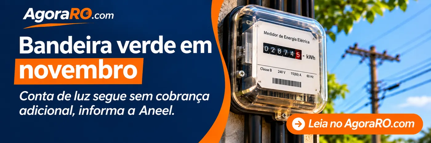 Faixa AgoraRO informa bandeira verde em novembro ao lado de medidor de energia elétrica ilustrativo.