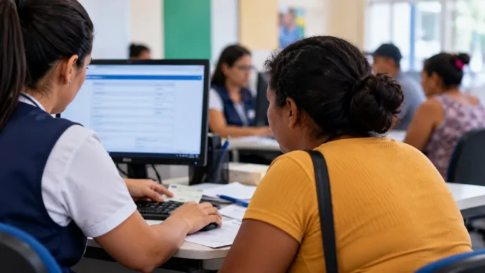 Cadastro Único: atendimento ilustrativo em unidade de assistência social de Porto Velho, com profissional e cidadã diante de computador.
