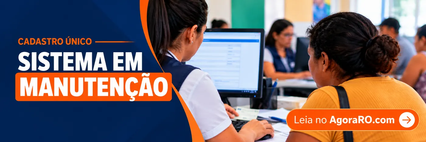 Cadastro Único: faixa editorial AgoraRO com aviso de manutenção e cena ilustrativa de atendimento em serviço social.