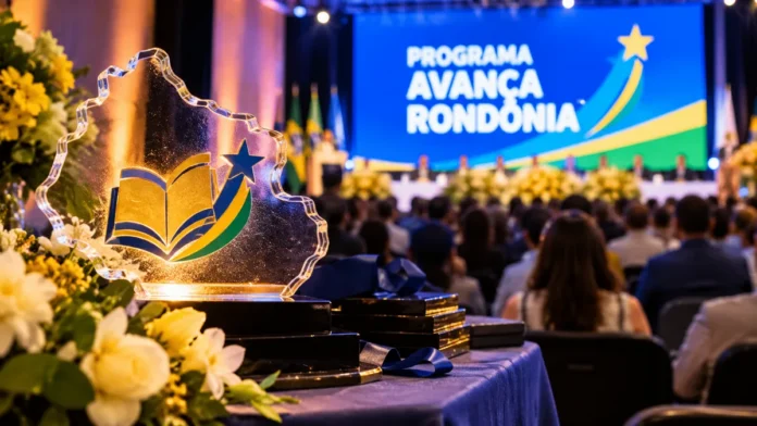 Composição ilustrativa de troféu e cerimônia de premiação do programa Avança Rondônia