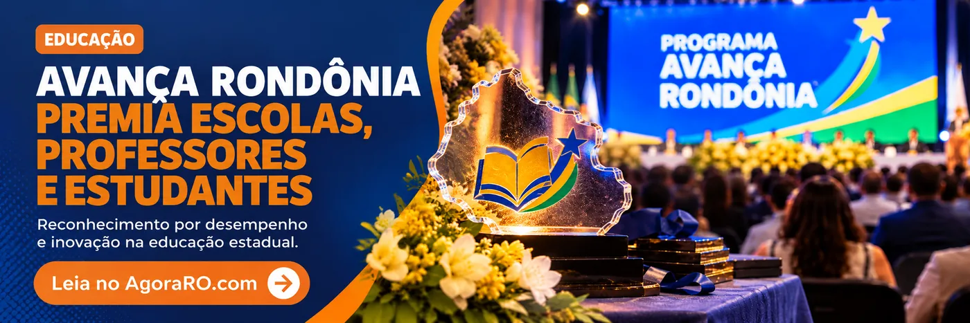 Faixa ilustrativa sobre o Avança Rondônia com troféu, plateia e identidade visual AgoraRO