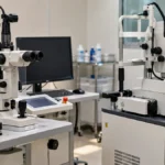 Hospital de Base recebe dois equipamentos para tratamentos dos olhos Ilustração de aparelhos oftalmológicos em ambiente clínico, sem pacientes, para notícia de entrega ao Hospital de Base