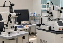 Hospital de Base recebe dois equipamentos para tratamentos dos olhos Ilustração de aparelhos oftalmológicos em ambiente clínico, sem pacientes, para notícia de entrega ao Hospital de Base