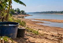 Porto Velho lança campanha contra estiagem e queimadas Estiagem em Porto Velho ilustrada por margem de rio com solo exposto e vegetação próxima a comunidade ribeirinha de Rondônia.