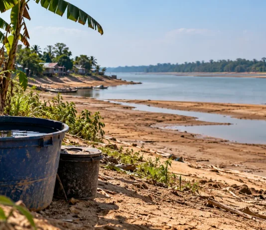 Porto Velho lança campanha contra estiagem e queimadas Estiagem em Porto Velho ilustrada por margem de rio com solo exposto e vegetação próxima a comunidade ribeirinha de Rondônia.