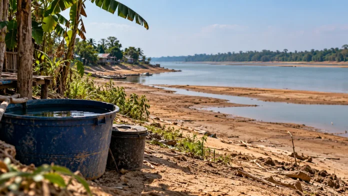 Estiagem em Porto Velho ilustrada por margem de rio com solo exposto e vegetação próxima a comunidade ribeirinha de Rondônia.