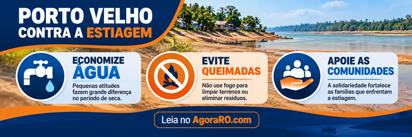 Infográfico sobre estiagem em Porto Velho com orientações para economizar água, evitar queimadas e apoiar comunidades.