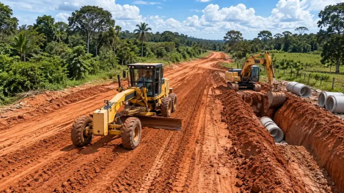 RO-494 em Primavera: ilustração de motoniveladora e retroescavadeira trabalhando em estrada de terra com manilhas de drenagem.